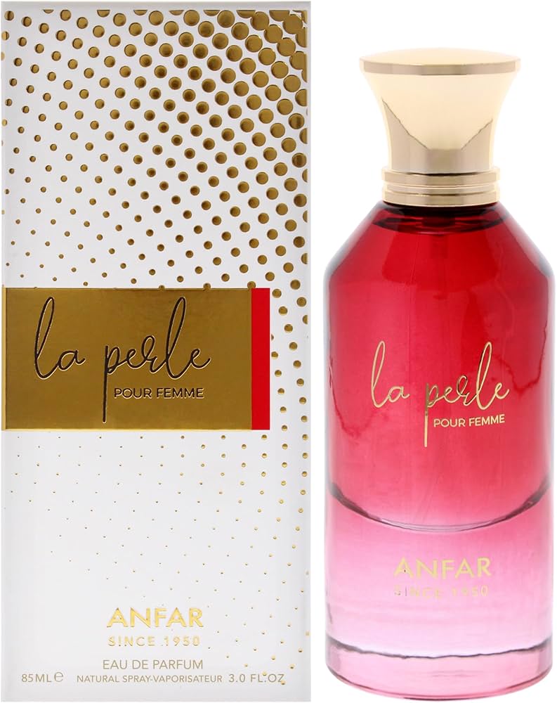 בקבוק בושם יוקרתי Anfar La Perle לגבר בעיצוב אצילי ונקי, המקרין רעננות קריסטלית, יוקרה מאופקת וסטייל של בישום נישה ערבי עילית