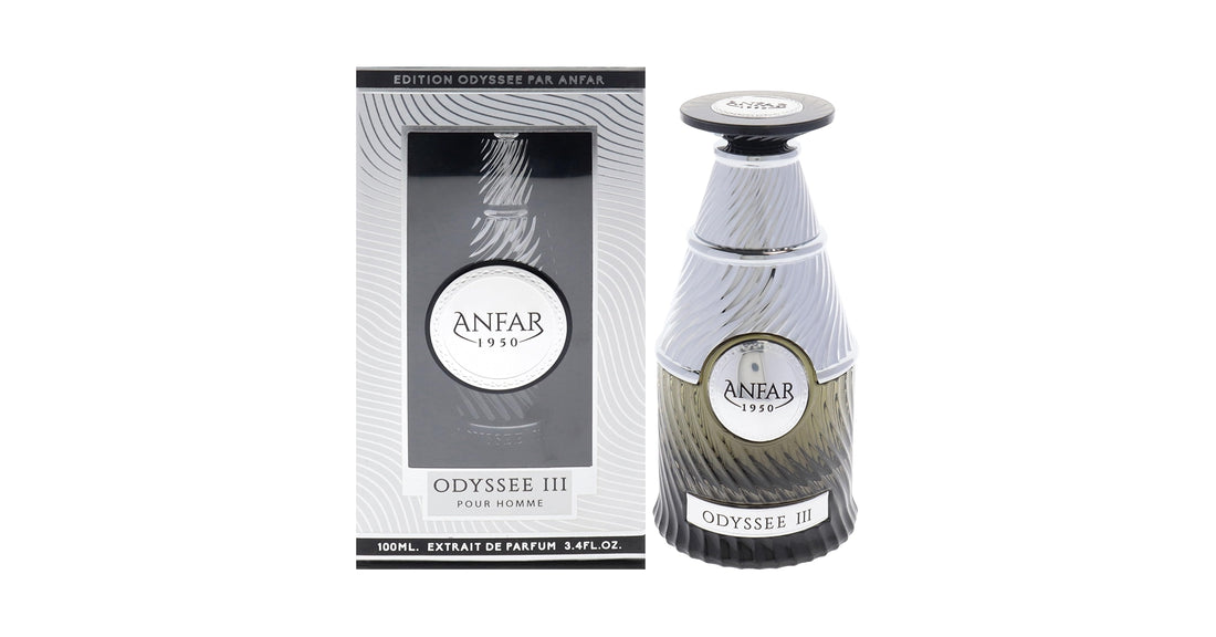 בקבוק בושם יוקרתי Anfar Odyssée III בעיצוב אצילי ומודרני, המקרין אלגנטיות גברית, עוצמה ארומטית וסטייל של בישום נישה ערבי עילית