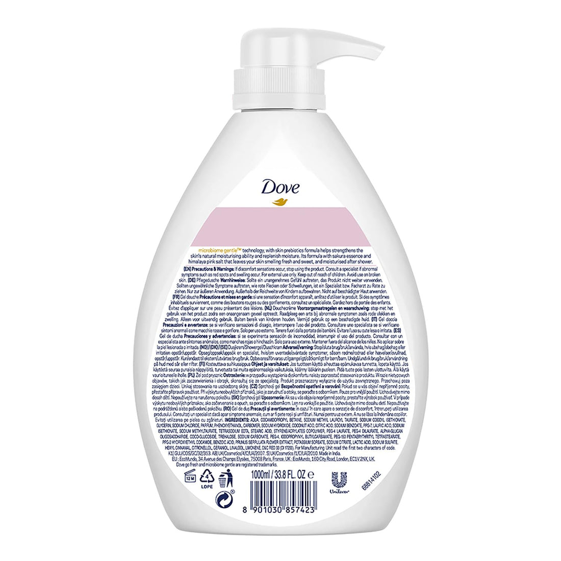 בקבוק תחליב רחצה וסבון גוף דאב Dove Refreshing Sakura Blossom & Himalaya Pink Salt Body Wash בנפח 1 ליטר, המעניק ניקוי ולחות עמוקה עם פרחי סאקורה ומלח הימלאיה ורוד, בעיצוב בגווני ורוד וסגול עדין.