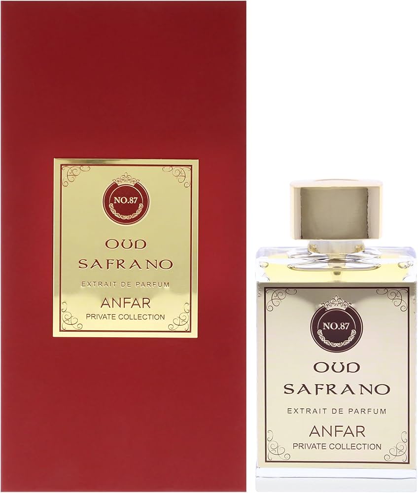 בקבוק בושם יוקרתי Anfar Oud Safrano בעיצוב אצילי המשלב גווני זהב ושחור, המקרין עוצמה של זעפרן ועוד, יוקרה מלכותית וסטייל של בישום נישה ערבי עילית
