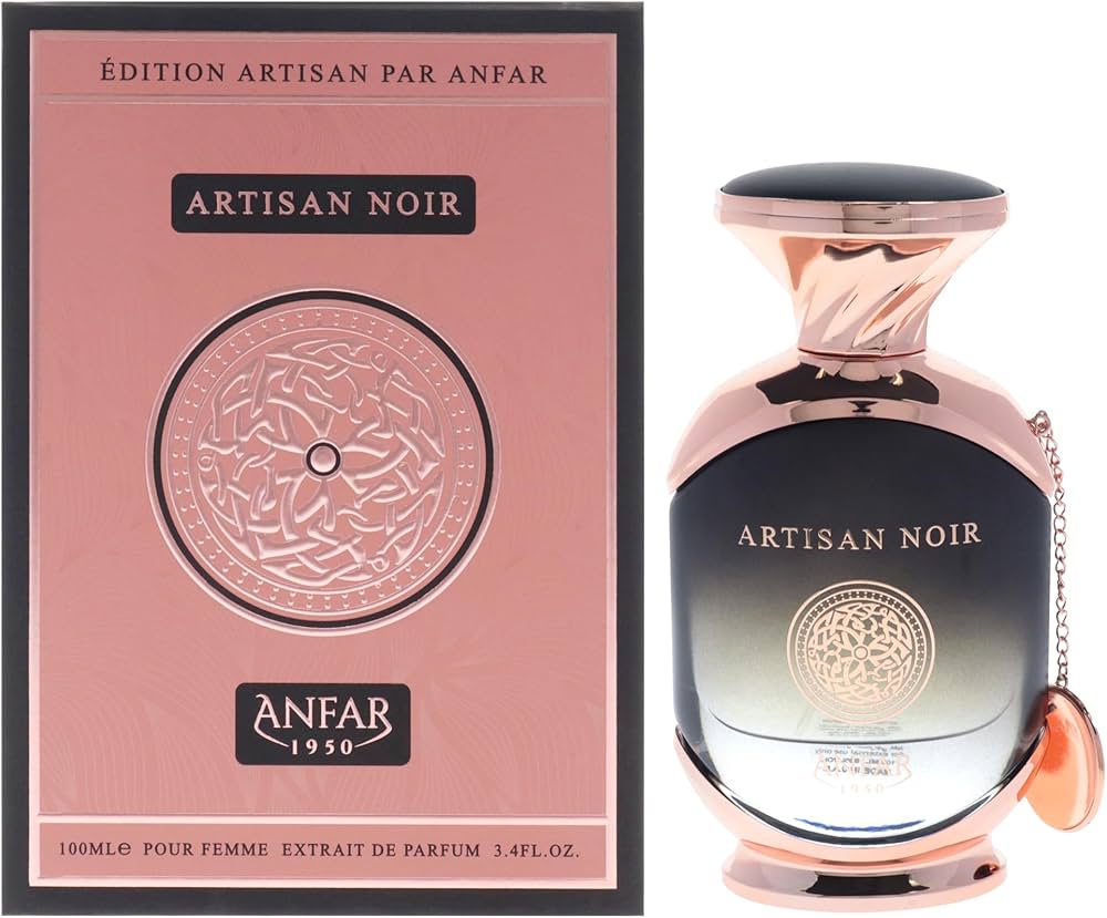 בקבוק בושם יוקרתי Anfar Artisan Noir לגבר בעיצוב שחור אצילי, המקרין עוצמה גברית מסתורית, יוקרה מעושנת וסטייל של בישום נישה ערבי עילית