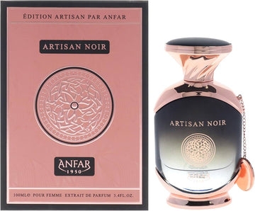 בקבוק בושם יוקרתי Anfar Artisan Noir לגבר בעיצוב שחור אצילי, המקרין עוצמה גברית מסתורית, יוקרה מעושנת וסטייל של בישום נישה ערבי עילית