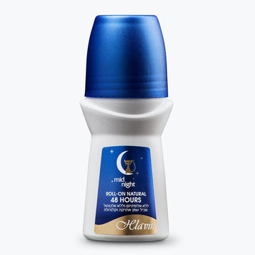 בקבוק דאודורנט רול און חלאבין מידנייט Helavin Midnight Deodorant להגנה ממושכת ורעננות ללא אלכוהול בניחוח עמוק ומיוחד בעיצוב כחול כהה לבן וזהב 60 מ"ל