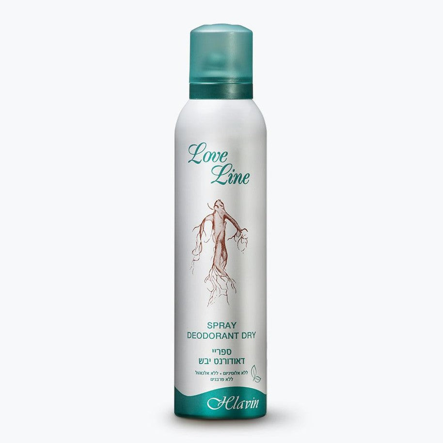 מכל דאודורנט ספריי חלאבין לאב ליין Helavin Love Line Deodorant Spray למניעת ריחות זיעה והגנה ארוכת טווח, פורמולה דרמטולוגית ללא אלכוהול בניחוח פרחוני-פירותי עדין לעור רגיש בעיצוב חום בהיר וכחול ירקרק עמוק 187 מ"ל