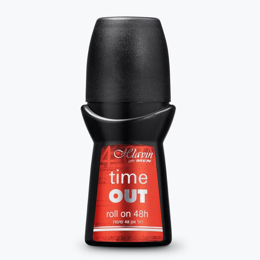 בקבוק דאודורנט רול און חלאבין טיים אאוט Helavin Time Out להגנה ממושכת ורעננות ללא אלכוהול בניחוח מרענן ונקי בעיצוב שחור מט אדום וזהב 60 מ"ל