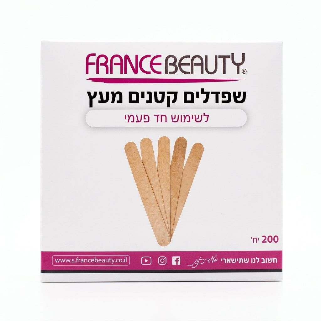 מארז חסכוני מורחב של שפדלים קטנים מעץ טבעי משובח מבית פראנס ביוטי France Beauty לשימוש חד-פעמי והיגייני למריחת שעווה מדויקת בגבות ובפנים בעיצוב ורוד ולבן, 200 יחידות