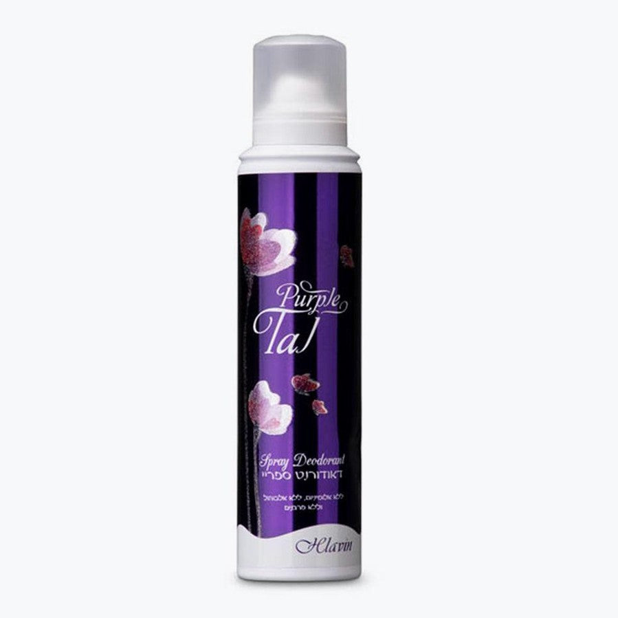 בקבוק דאודורנט ספריי לנשים חלאבין טל סגול Helavin TAL Purple Spray להגנה ממושכת ורעננות ללא אלכוהול בניחוח פרחוני מעורר השראה בעיצוב סגול ורוד ולבן 187 מ"ל