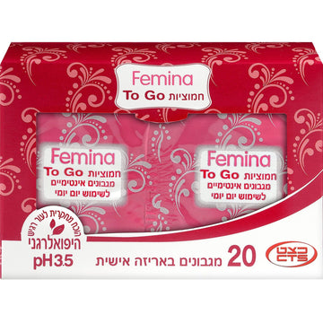מארז מגבונים אינטימיים לחים היפואלרגניים פמינה חמוציות Femina Cranberry TO GO בעלי pH 3.5 ללא אלכוהול ופרבנים, 20 יחידות הארוזות כל אחת בנפרד בעיצוב ורוד פוקסיה ואדום