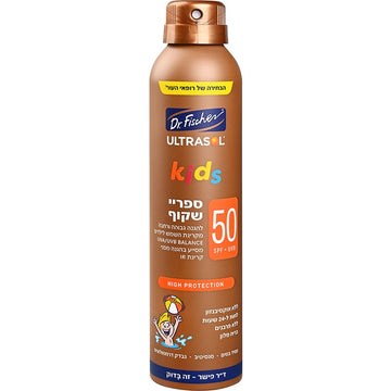 אולטרסול KIDS ספריי שקוף SPF50 של ד"ר פישר בניחוח מלון, טכנולוגיית Pure Spray ללא גז, מותאם לעור רגיש עם ויטמין E ותה ירוק