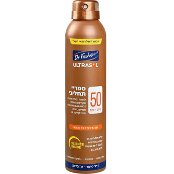 אולטרסול ספריי תחליבי SPF50 של ד"ר פישר בטכנולוגיית PURE SPRAY להגנה גבוהה מאוד ולחות עשירה, מועשר בתמצית תה ירוק וויטמין E