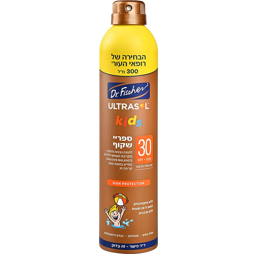 אולטרסול KIDS ספריי שקוף SPF30 באריזה מוגדלת (300 מ"ל), טכנולוגיית Pure Spray ללא גז להתזה רציפה, מותאם לעור רגיש