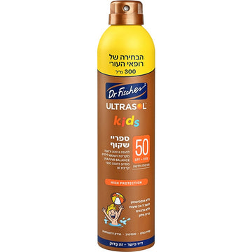 אולטרסול KIDS ספריי שקוף SPF50 באריזה מוגדלת (300 מ"ל) בניחוח מלון, טכנולוגיית Pure Spray ללא גז, הגנה גבוהה מאוד לעור רגיש