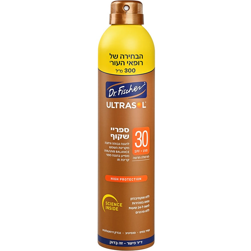 אולטרסול ספריי שקוף SPF30 באריזה מוגדלת וחסכונית של ד"ר פישר, הגנה גבוהה ובלתי נראית בטכנולוגיית PURE SPRAY
