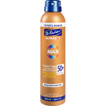 אולטרסול Max ספריי רציף תחליבי +SPF50 של ד"ר פישר, טכנולוגיית Pure Spray ללא גז, הגנה מקסימלית רחבה UVA+UVB+IR+HEV לעור רגיש