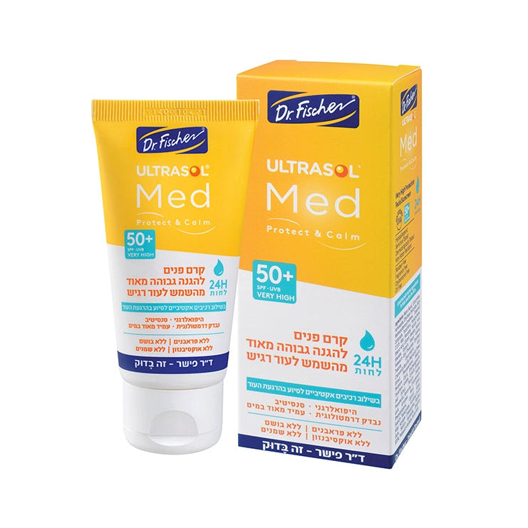 אולטרסול MED קרם פנים לחות +SPF50 של ד"ר פישר לעור רגיש, הגנה רחבה UVA+UVB+IR+HEV עם ליקורציה וקמומיל להרגעת העור