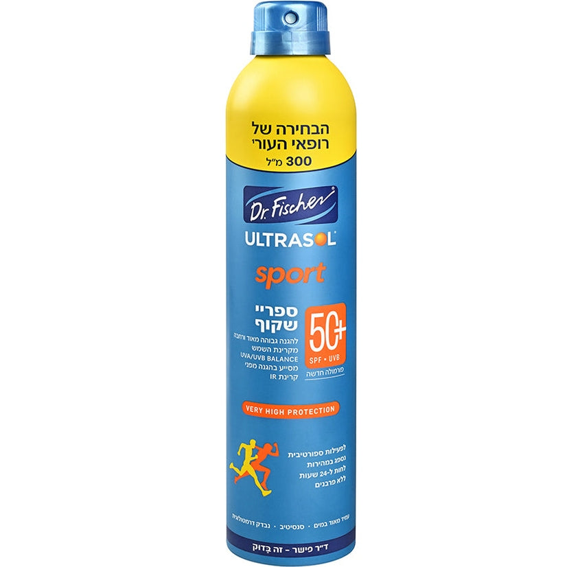 מכל 300 מ"ל אולטרסול ספורט ספריי שקוף רציף +SPF50 של ד"ר פישר, מארז חסכוני להגנה גבוהה מאוד לספורטאים