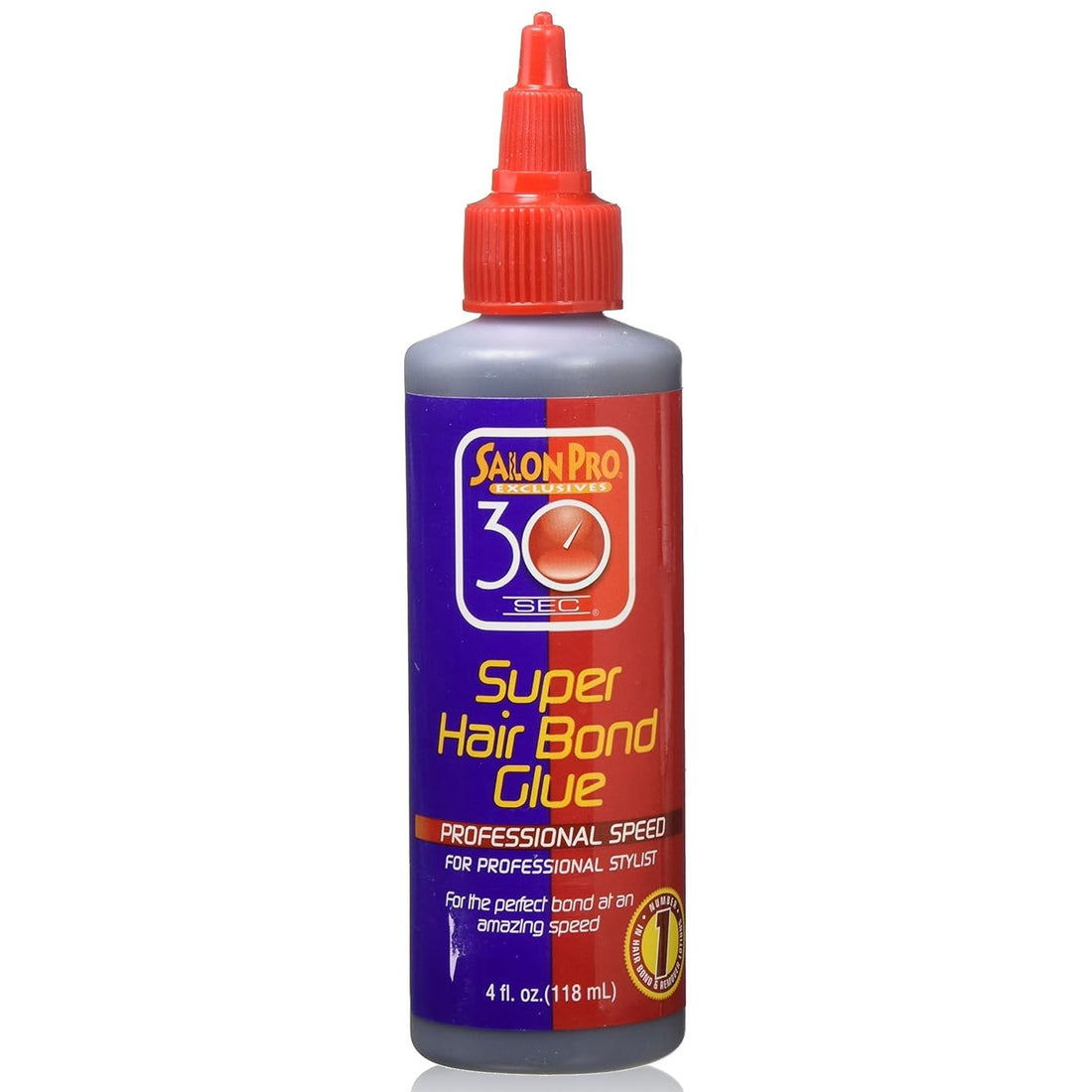 בקבוק דבק מקצועי לתוספות שיער סאלון פרו Salon Pro 30 Second Bonding Glue בנפח 4 אונקיות, בעל פורמולה אנטי פטרייתית וייבוש מהיר, מעוצב בצבעי אדום וכחול עמוק.