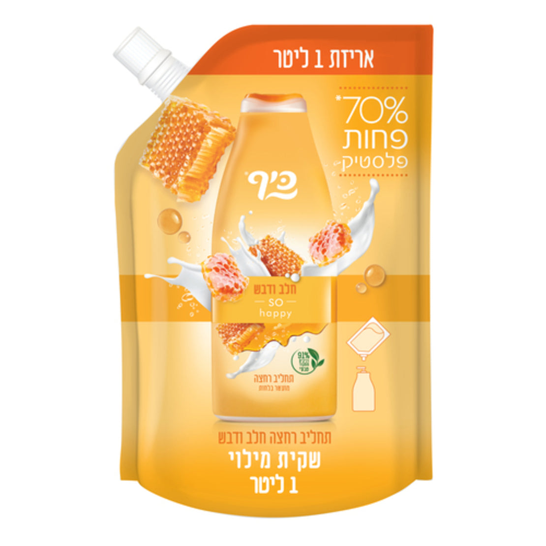 שקית מילוי 1 ליטר תחליב רחצה כיף בניחוח חלב ודבש חסכונית וידידותית לסביבה