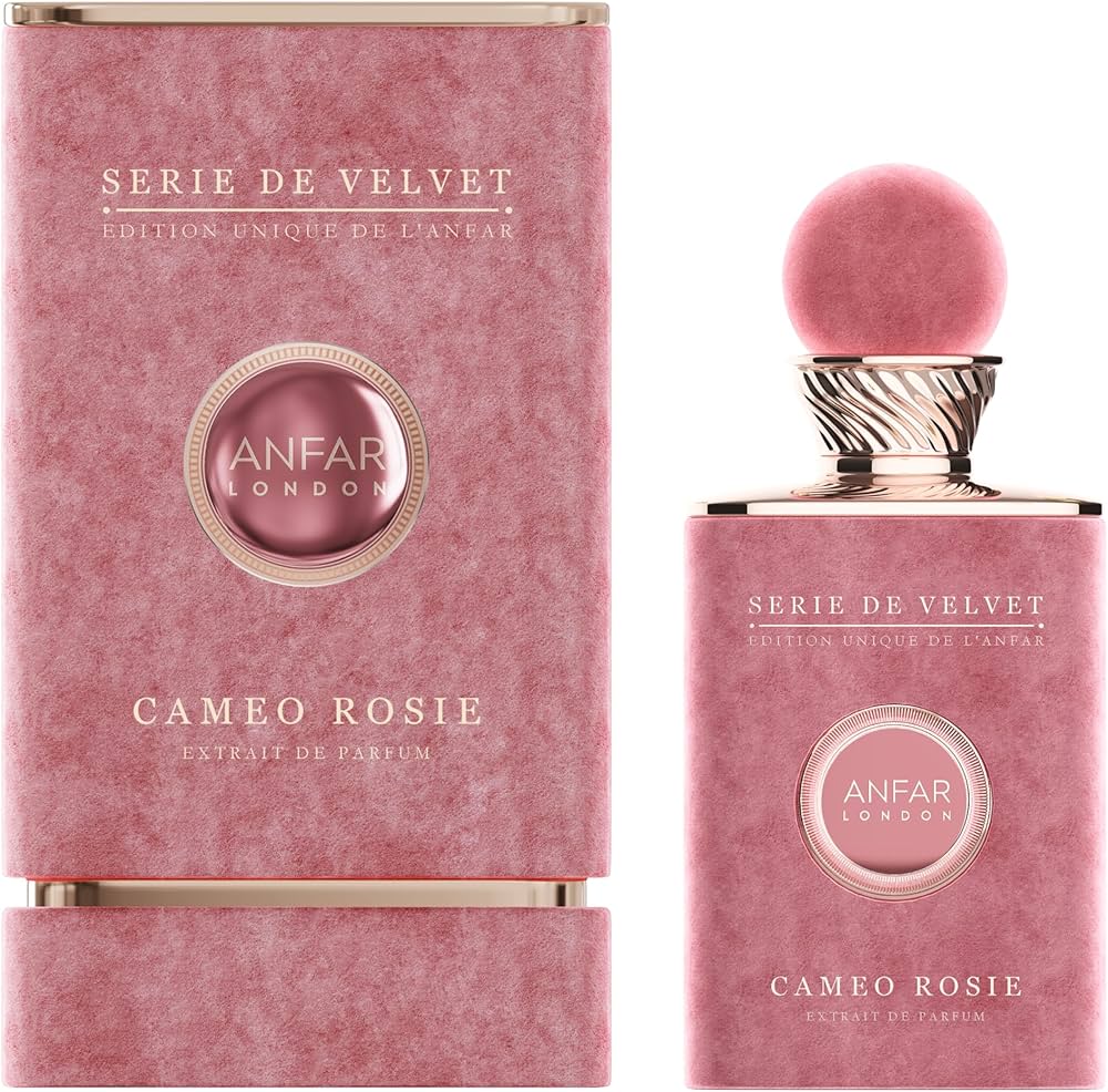בקבוק בושם יוקרתי Anfar London Cameo Rose לאישה בעיצוב ורוד אצילי וזהב, המקרין נשיות מעודנת, רעננות של ורדים וסטייל של בישום נישה ערבי עילית