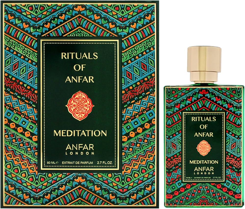 בקבוק בושם יוקרתי Anfar London Meditation בעיצוב אצילי ומודרני, המקרין שלווה רוחנית, עומק של קטורת ואלגום, וסטייל של בישום נישה ערבי עילית