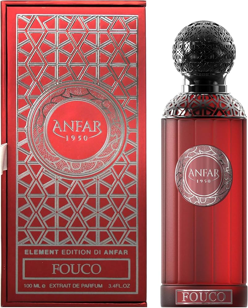 בקבוק בושם יוקרתי Anfar Fouco לגבר בעיצוב אצילי כהה וזהב, המקרין עוצמה לוהטת, חמימות מזרחית וסטייל של בישום נישה ערבי עילית