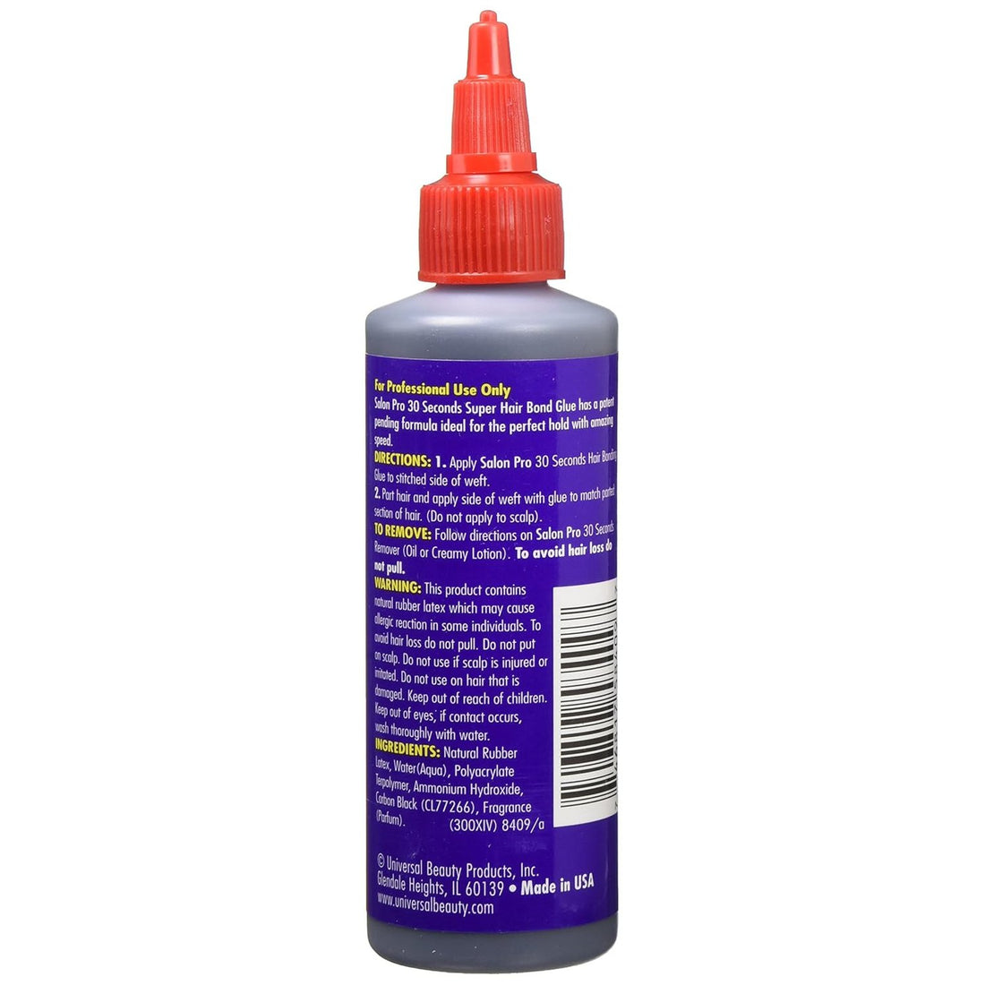 בקבוק דבק מקצועי לתוספות שיער סאלון פרו Salon Pro 30 Second Bonding Glue בנפח 4 אונקיות, בעל פורמולה אנטי פטרייתית וייבוש מהיר, מעוצב בצבעי אדום וכחול עמוק.
