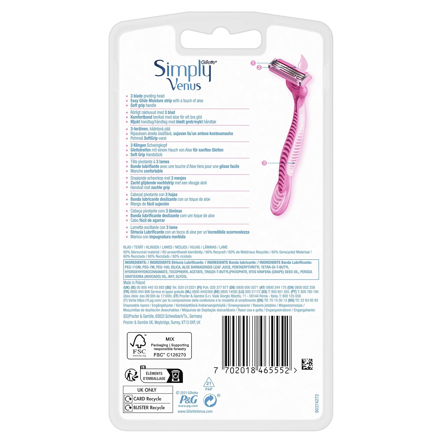 Gillette Venus | ג'ילט סימפלי ונוס 3 - מארז רביעיית סכיני גילוח חד-פעמיים לנשים בעלי 3 להבים לגילוח חלק (4 יחידות)