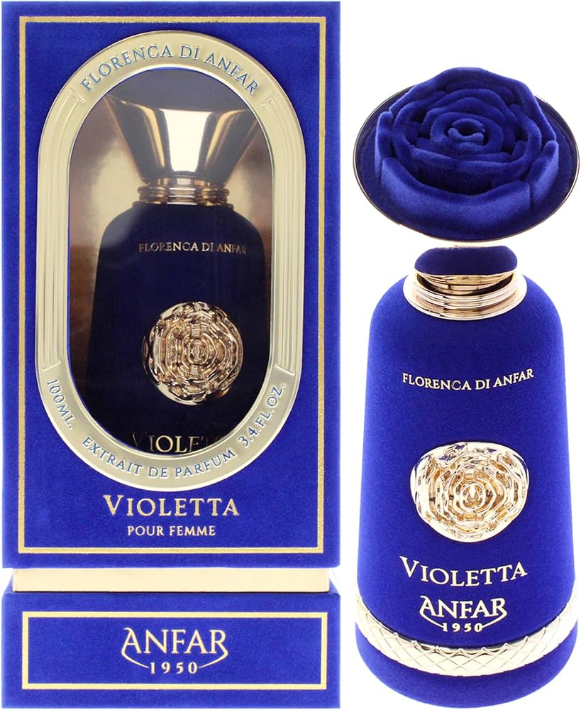 בקבוק בושם יוקרתי Anfar Violetta בעיצוב אצילי בגווני סגול, המקרין נשיות רכה, ניחוח סיגליות אבקתי וסטייל של בישום נישה ערבי עילית