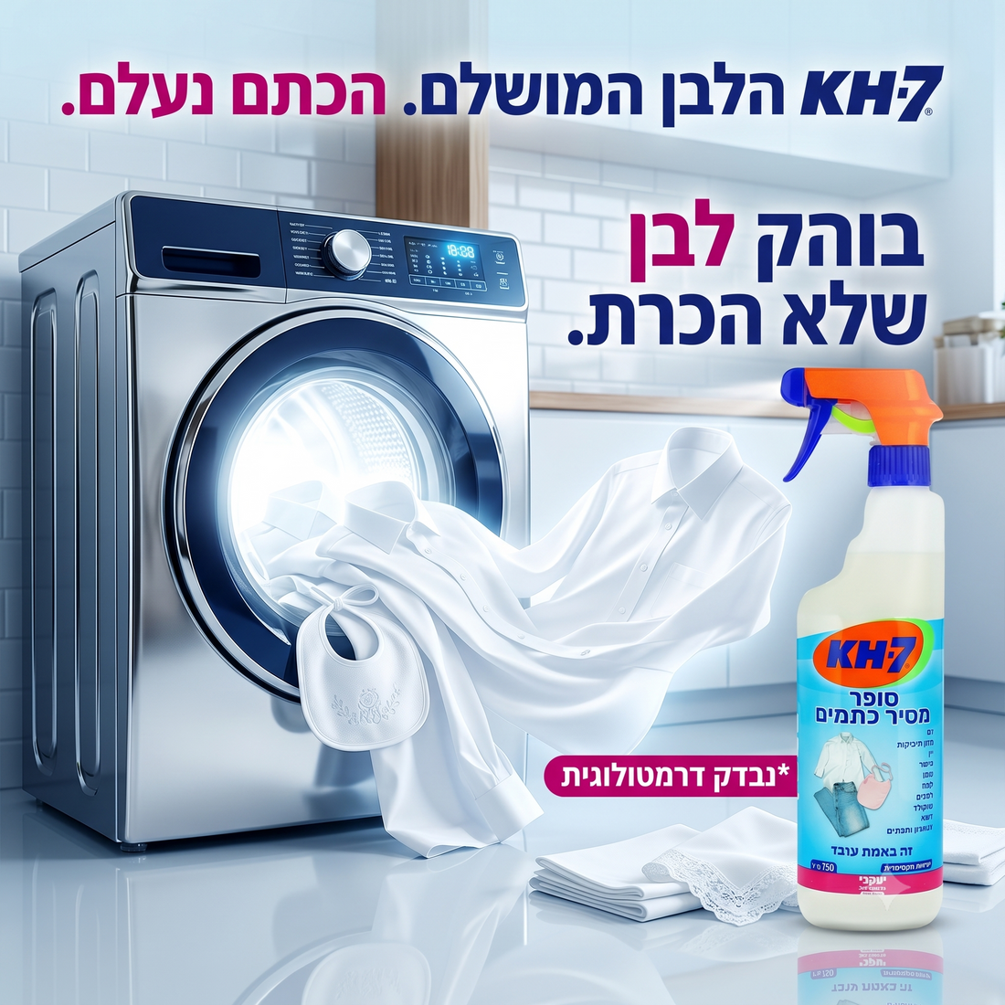 מכל בקבוק ספריי של KH-7 סופר מסיר כתמים (750 מ"ל) עומד על משטח בוהק, לצד חולצה לבנה מכופתרת וסינר תינוק נקיים לחלוטין ומבריקים באור חזק, על רקע כחול-לבן עם אפקטי תאורה בוהקים. בקבוק ספריי שני דומה מופיע ברקע מעט מטושטש. התווית על הבקבוק כתובה בעברית ומציגה איורים של בגדים.
