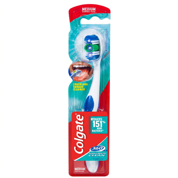 מברשת שיניים קולגייט 360 מדיום Colgate 360 Degrees Medium Toothbrush לניקוי היקפי עמוק, הסרת פלאק ואבנית ולשמירה על היגיינת הפה, בעיצוב אדום, לבן וכחול