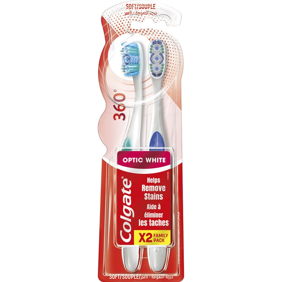 זוג מברשות שיניים קולגייט Colgate 360° Optic White אופטיק ווייט לניקוי מלא של חלל הפה והלבנת כתמים