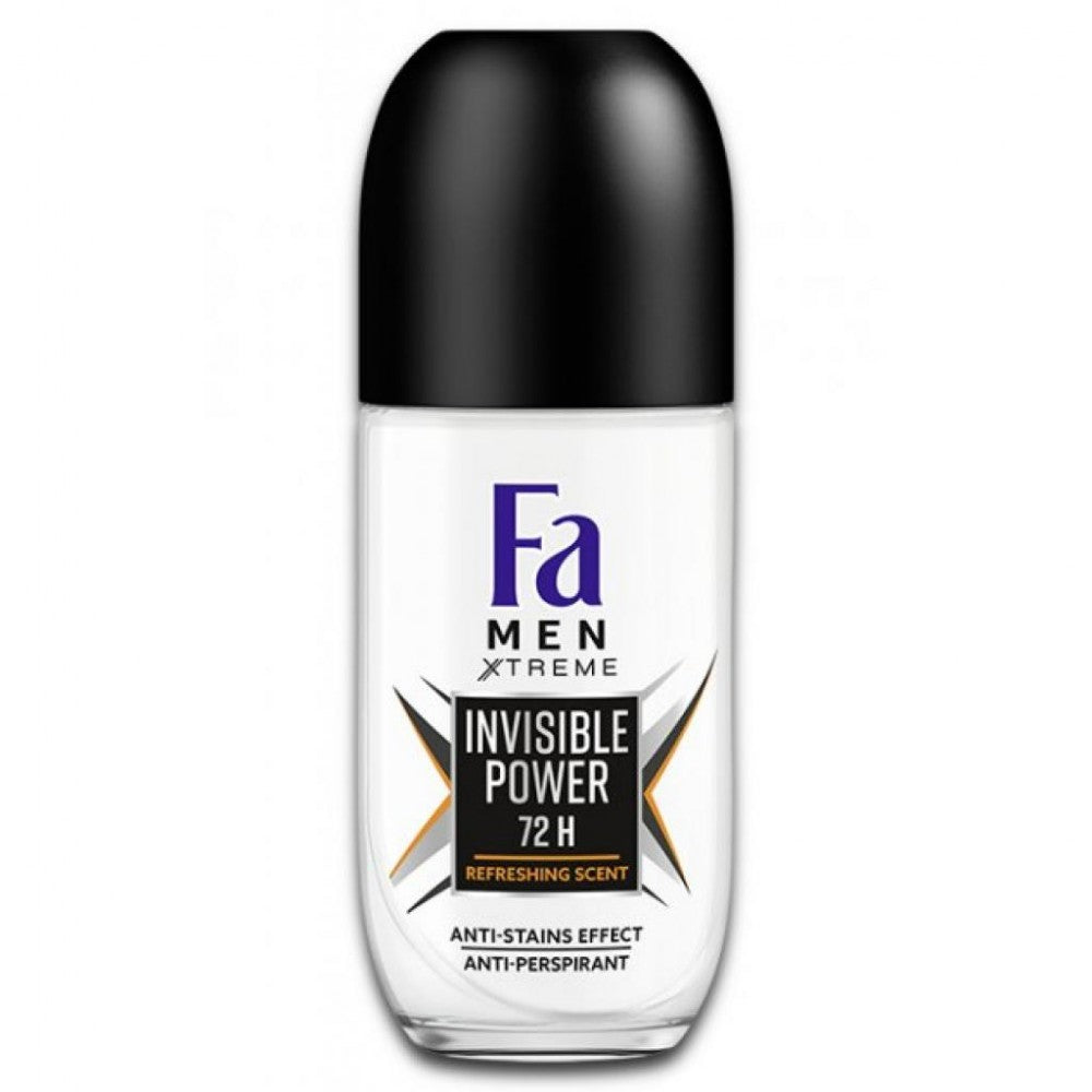 בקבוק דאודורנט רול און לגבר פה אקסטרים Fa Men Xtreme Invisible Power להגנה עוצמתית של 72 שעות מפני זיעה ללא סימנים על הבגדים בניחוח מרענן בעיצוב שחור כתום וכחול 50 מ"ל