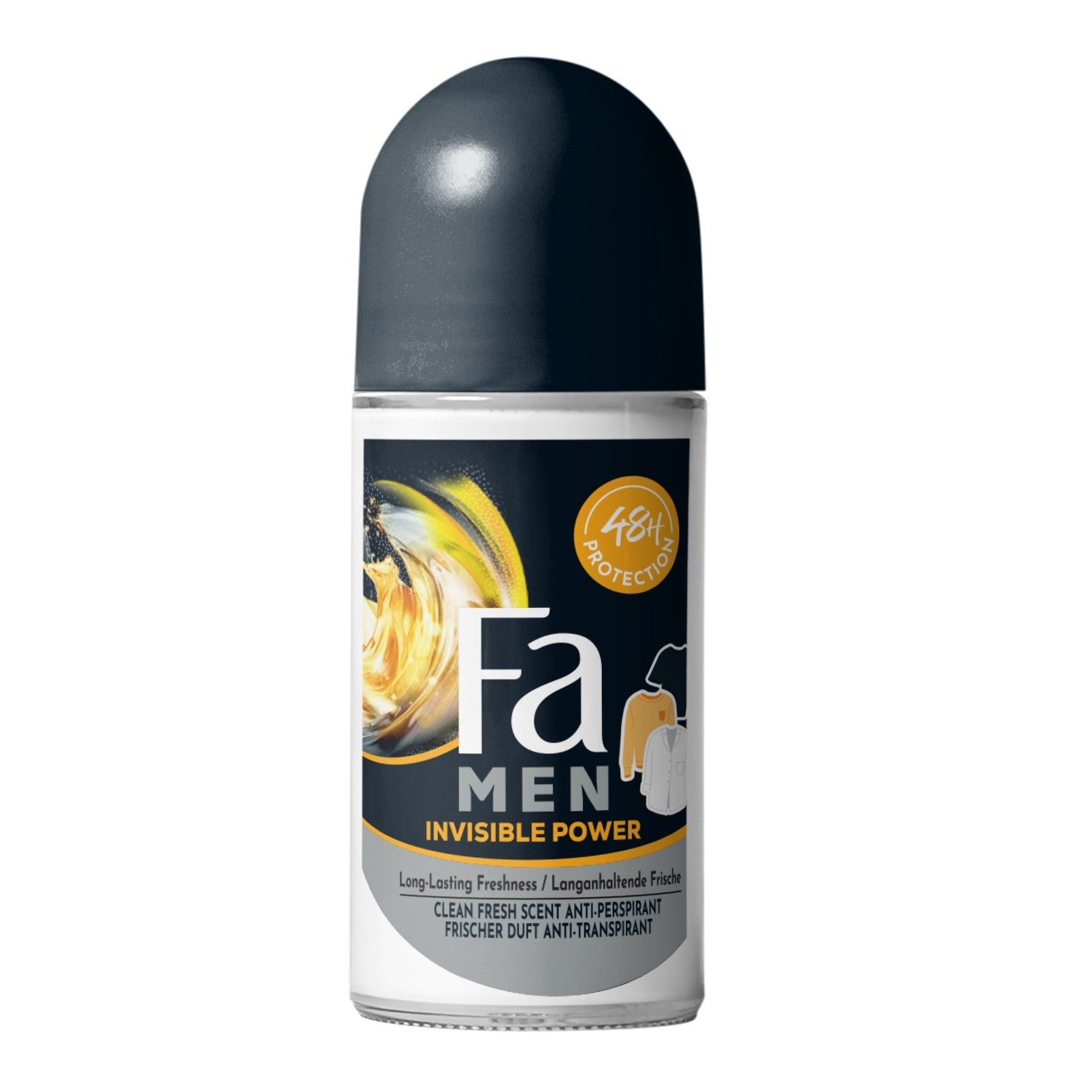 בקבוק דאודורנט רול און לגבר פה אקסטרים Fa Men Xtreme Invisible Power להגנה עוצמתית של 72 שעות מפני זיעה ללא סימנים על הבגדים בניחוח מרענן בעיצוב שחור כתום וכחול 50 מ"ל
