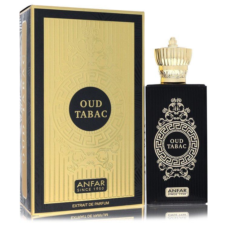 בקבוק בושם יוקרתי Anfar Oud Tabac בעיצוב כהה ואצילי, המקרין עוצמה של טבק ועוד, יוקרה מעושנת וסטייל של בישום נישה ערבי עילית