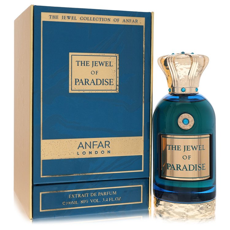 בקבוק בושם יוקרתי Anfar London The Jewel of Paradise בעיצוב אצילי המשלב גווני ירוק וזהב, המקרין עוצמה גברית, רעננות ארומטית וסטייל של בישום נישה עילית