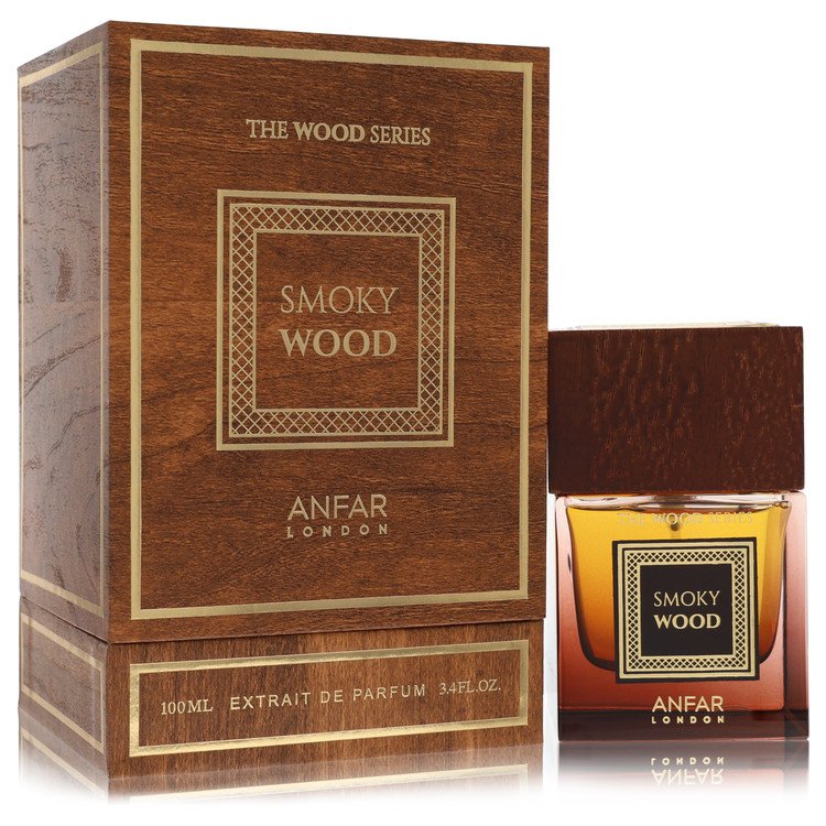 בקבוק בושם יוקרתי Anfar London Smoky Wood בעיצוב כהה ואצילי, המקרין עוצמה גברית, יוקרה מעושנת וסטייל של בישום נישה ערבי עילית