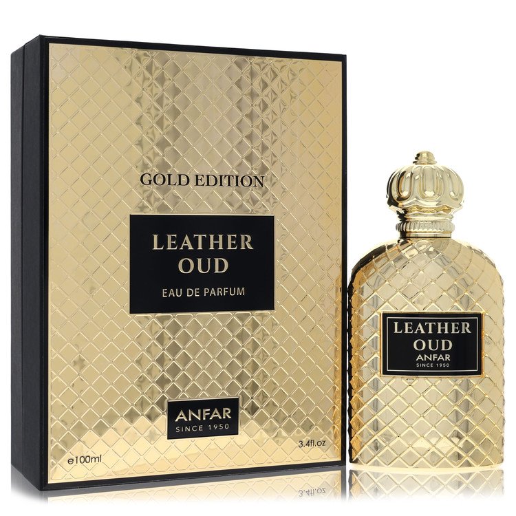 בקבוק בושם יוקרתי Anfar Leather Oud Gold Edition בעיצוב מוזהב ואצילי, המקרין עוצמה גברית, יוקרה של עור ועוד וסטייל של בישום נישה ערבי עילית