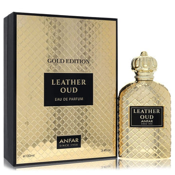 בקבוק בושם יוקרתי Anfar Leather Oud Gold Edition בעיצוב מוזהב ואצילי, המקרין עוצמה גברית, יוקרה של עור ועוד וסטייל של בישום נישה ערבי עילית
