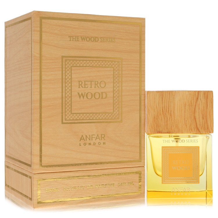 בקבוק בושם יוקרתי Anfar Retro Wood בעיצוב אצילי המשלב גווני עץ וזהב, המקרין עוצמה גברית, אצילות קלאסית ובישום נישה ערבי עילית
