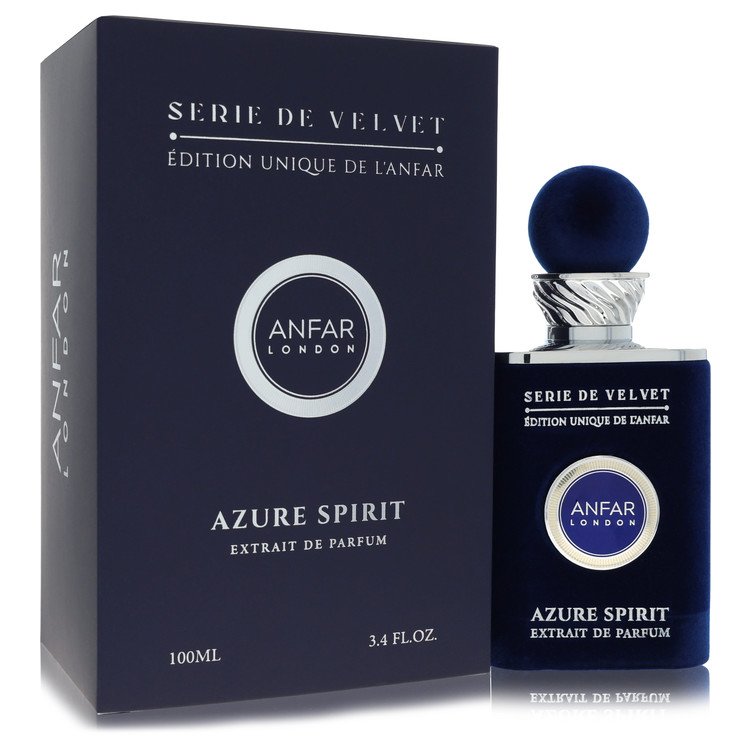 בקבוק בושם יוקרתי Anfar London Azure Spirit לגבר בעיצוב כחול שמיים וזהב, המקרין רעננות ימית, אנרגיה גברית וסטייל של בישום נישה ערבי עילית