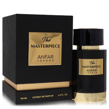 בקבוק בושם יוקרתי Anfar The Masterpiece בעיצוב אצילי המשלב זהב וזכוכית כהה, המקרין עוצמה גברית, הצלחה וסטייל של בישום נישה ערבי