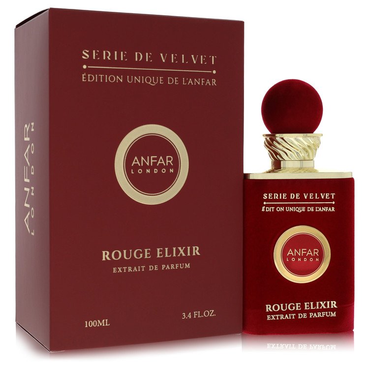בקבוק בושם יוקרתי Anfar London Velvet Rouge Elixir בעיצוב אדום אצילי וזהב, המקרין נשיות מתפרצת, יוקרה קטיפתית וסטייל של בישום נישה ערבי עילית