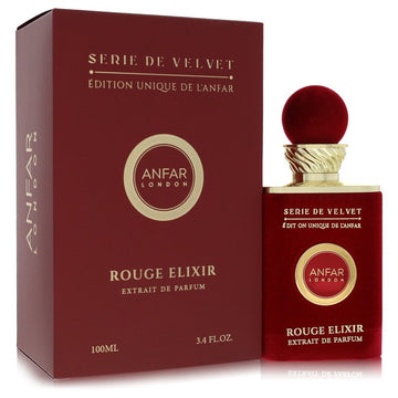 בקבוק בושם יוקרתי Anfar London Velvet Rouge Elixir בעיצוב אדום אצילי וזהב, המקרין נשיות מתפרצת, יוקרה קטיפתית וסטייל של בישום נישה ערבי עילית