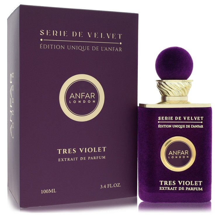 בקבוק בושם יוקרתי Anfar London Tres Violet בעיצוב אצילי בגווני סגול וזהב, המקרין נשיות מתוחכמת, רעננות של סיגליות וסטייל של בישום נישה עילית