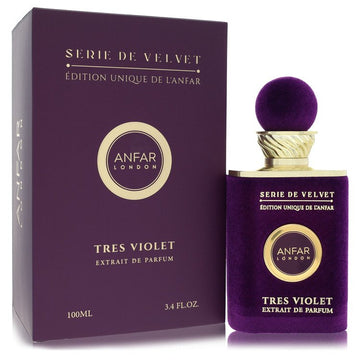 בקבוק בושם יוקרתי Anfar London Tres Violet בעיצוב אצילי בגווני סגול וזהב, המקרין נשיות מתוחכמת, רעננות של סיגליות וסטייל של בישום נישה עילית
