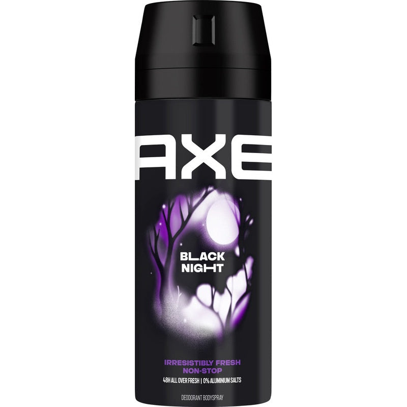 דאודורנט ספריי גוף אקס בלאק נייט AXE Black Night לגבר ללא מלחי אלומיניום הגנה 48 שעות 150 מ"ל