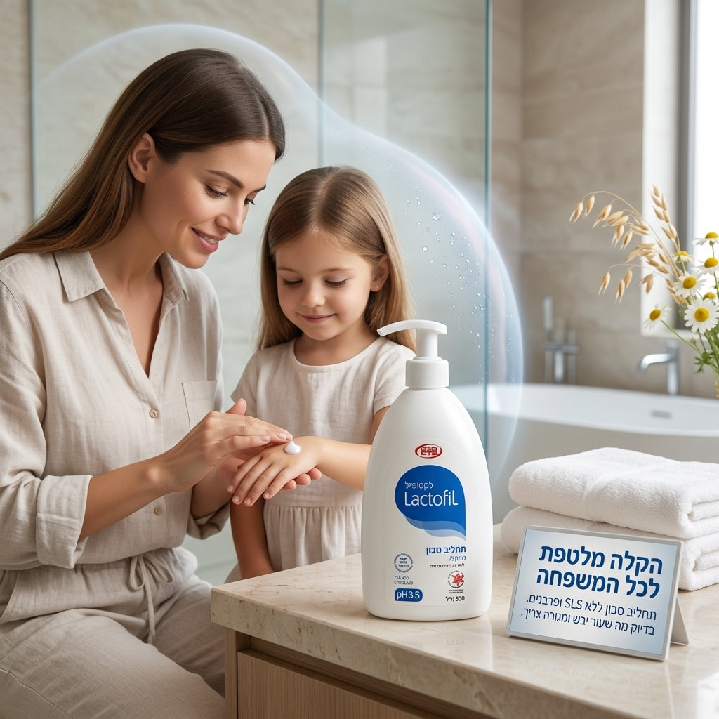 לקטופיל תחליב סבון נוזלי טיפולי לעור יבש, אדמומי ומגורה LACTOFIL | סבון גוף טיפולי pH 3.5 ללא SLS נפח 500 מ"ל