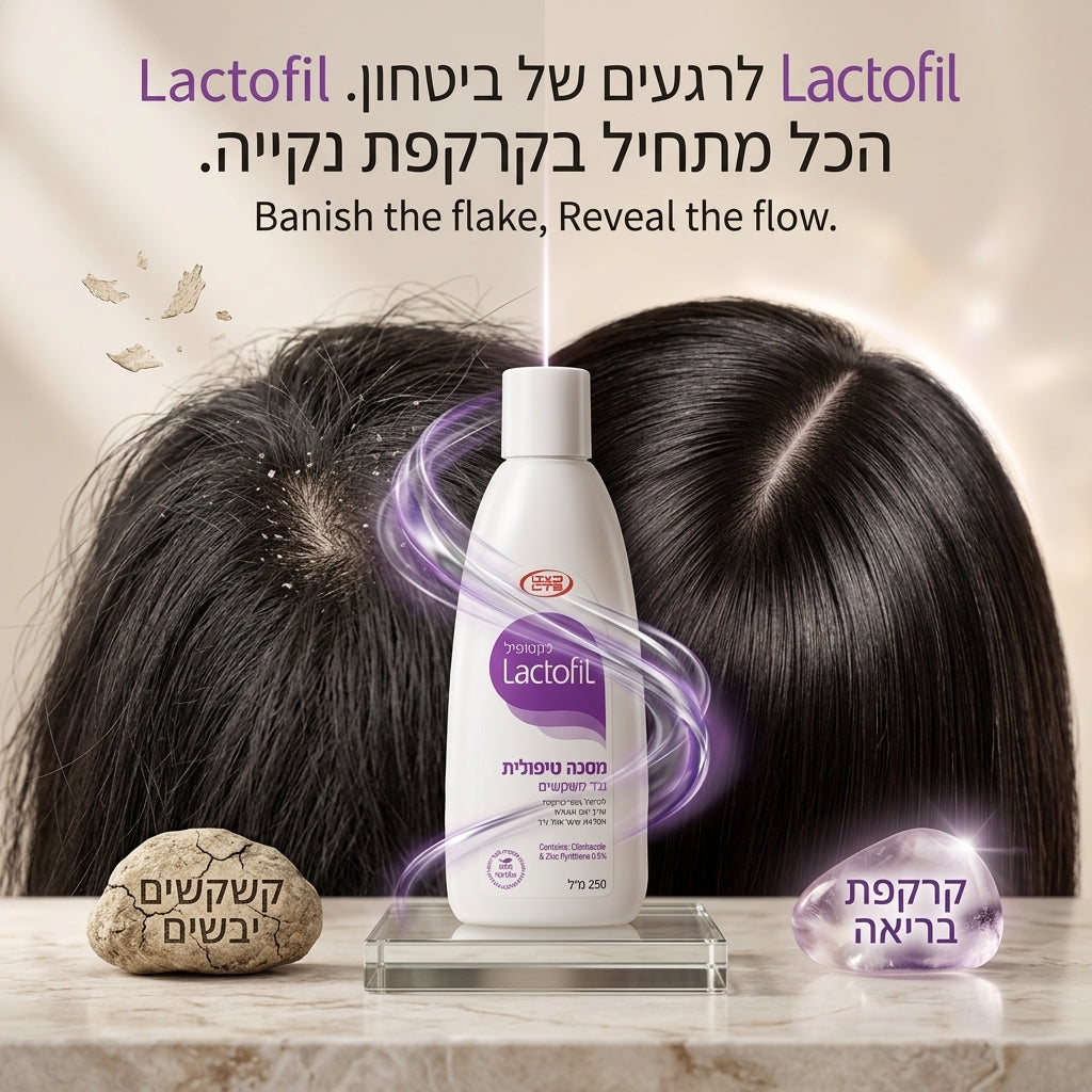 צנצנת לקטופיל מסכה טיפולית נגד קשקשים Lactofil Anti-Dandruff Therapeutic Hair Mask בנפח 250 מ"ל, המיועדת להזנה עמוקה, שיקום קרקפת יבשה ומגורה והתרת קשרים עם ויטמינים ורכיבי חלב, מעוצבת בצבעי סגול ולבן רפואיים-אסתטיים.