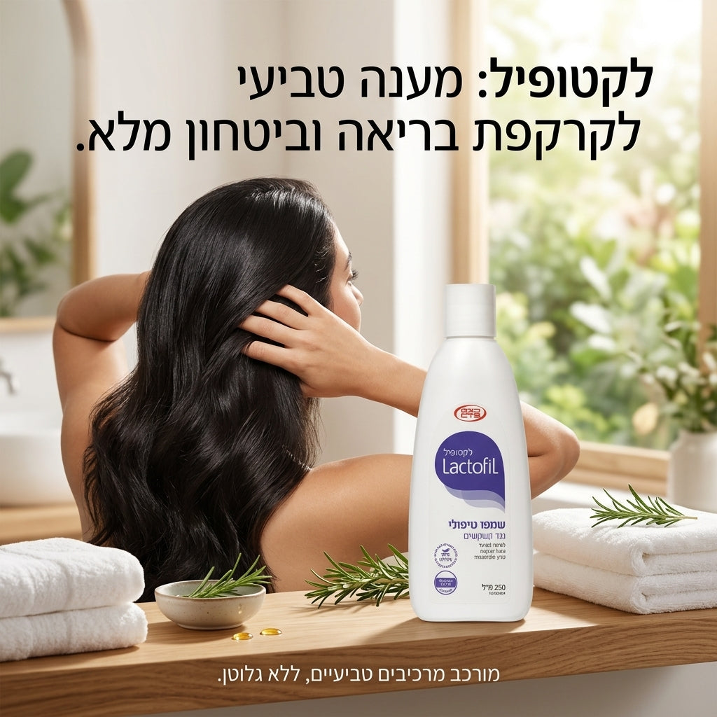 בקבוק לקטופיל שמפו טיפולי נגד קשקשים Lactofil Anti-Dandruff Therapeutic Shampoo בנפח 250 מ"ל, המיועד לטיפול בשיער ובקרקפת עדין, יבש ומגורה, מכיל רכיבי חלב פעילים ללא פרבנים, מעוצב בצבעי כחול כהה ואדום קליניים.