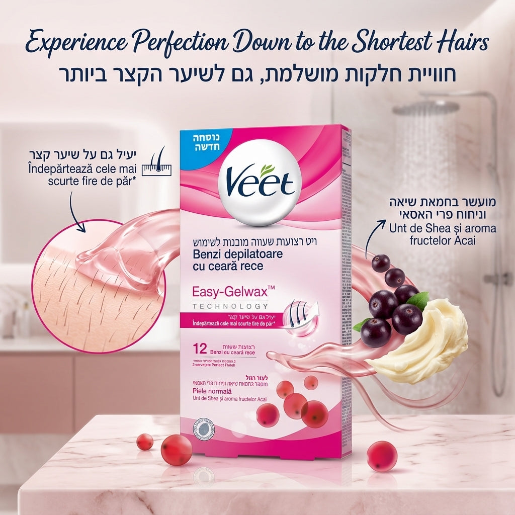 Veet | ויט רצועות שעווה מוכנות לשימוש לעור רגיל מועשרות בחמאת שיאה וניחוח אסאי (12 יחידות)